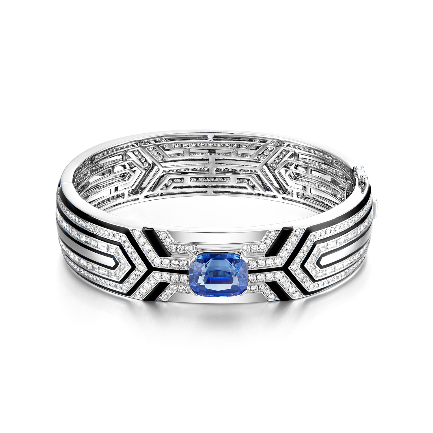 SAPPHIRE, ONYX, ENAMEL AND DIAMOND BANGLE